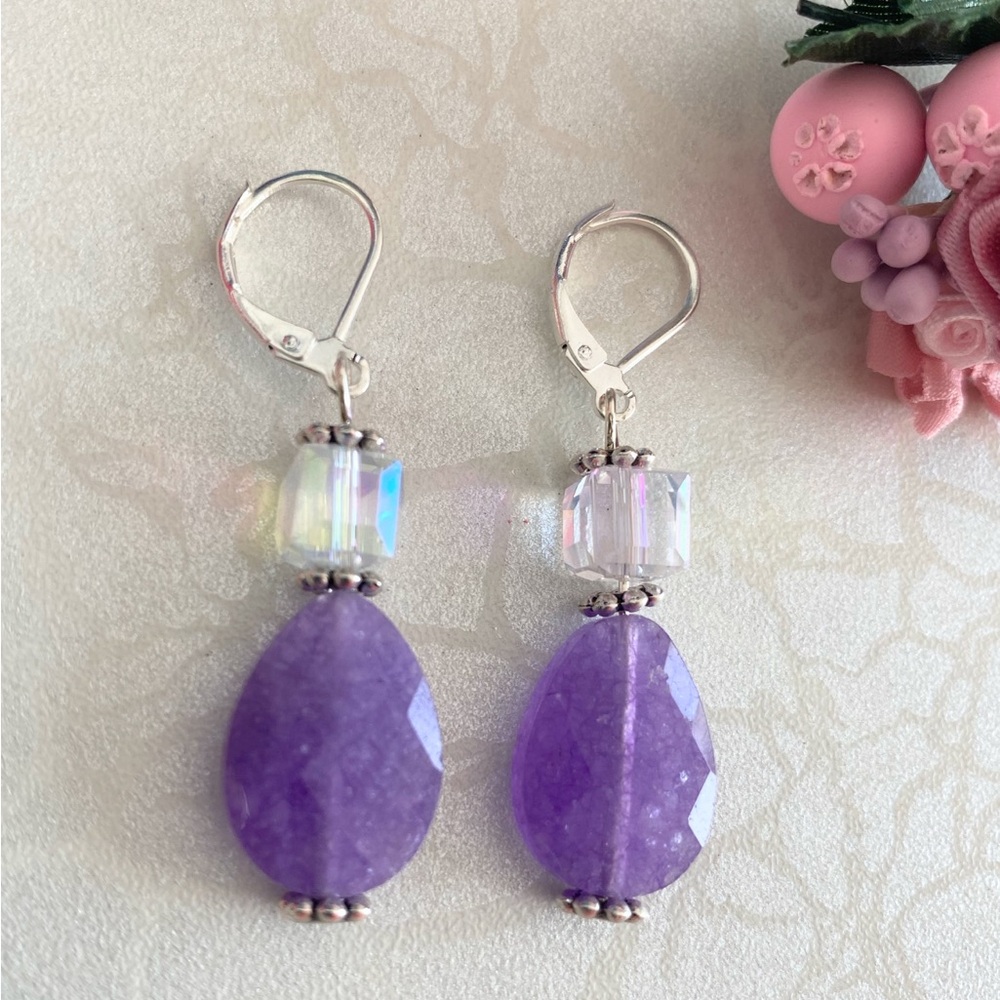 Purple Chalcedony Teardrop Crystal Dangle Sterling Silver Earrings